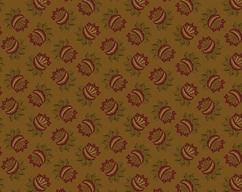 May include: A seamless pattern featuring a repeating design of stylized floral motifs in shades of green and burgundy on a brown background.