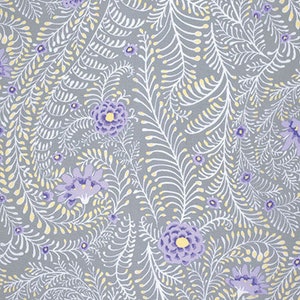 May include: A gray background with a repeating pattern of white, yellow, and purple floral designs. The flowers are stylized and have a delicate, whimsical look.
