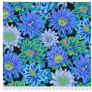Kaffe Fassett fabric Phillip Jacobs Spring 2019 Cactus Flower PJ96 Cool blue black floral Freespirit 100% Cotton Sew Quilt by the yard