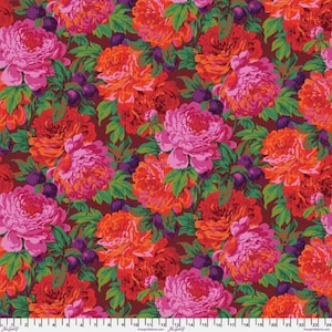 May include: A fabric with a floral pattern featuring large peonies in shades of pink, orange, and red, set against a deep burgundy background. Green leaves and purple berries add detail to the design.