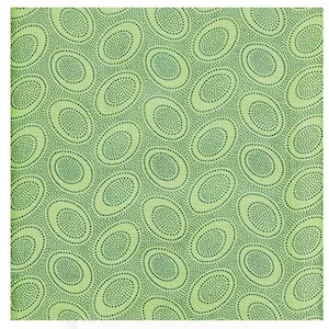May include: A green fabric with a repeating pattern of small blue circles arranged in the shape of ovals.