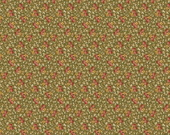 May include: A seamless pattern featuring a repeating design of small red and yellow flowers on a green background.