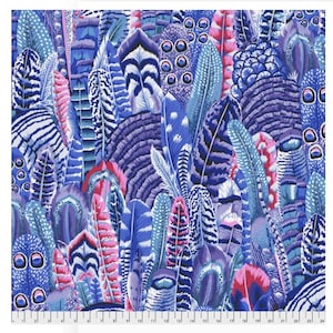 May include: A colorful fabric with a repeating pattern of blue, purple, pink, and white feathers. The feathers are arranged in a random pattern and overlap each other.