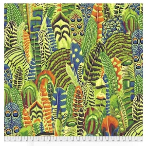 May include: A vibrant fabric featuring a dense pattern of stylized feathers in shades of green, blue, orange, and yellow. The feathers vary in size and design, creating a textured and visually rich composition. The fabric has a ruler along the bottom edge.