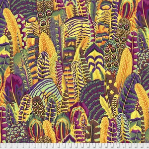 May include: A vibrant, colorful fabric featuring a dense pattern of stylized feathers in shades of yellow, purple, green, and orange. The design showcases intricate details and a variety of feather shapes, creating a rich, textured appearance.