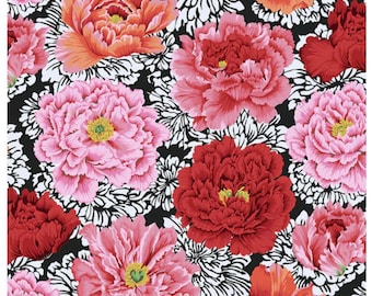May include: A fabric with a floral pattern featuring large, vibrant peonies in shades of pink, red, and orange. The flowers have yellow centers and are set against a black background with white, stylized foliage. The fabric is measured in inches.