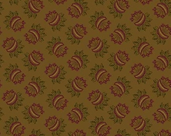 May include: A repeating pattern of stylized floral motifs in shades of burgundy, olive green, and gold. The design features symmetrical, fan-shaped elements, creating a textured, all-over print suitable for fabric or wallpaper.