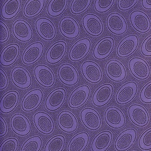 May include: Purple fabric with a repeating pattern of small black dots arranged in circles. The circles are arranged in a wave-like pattern.