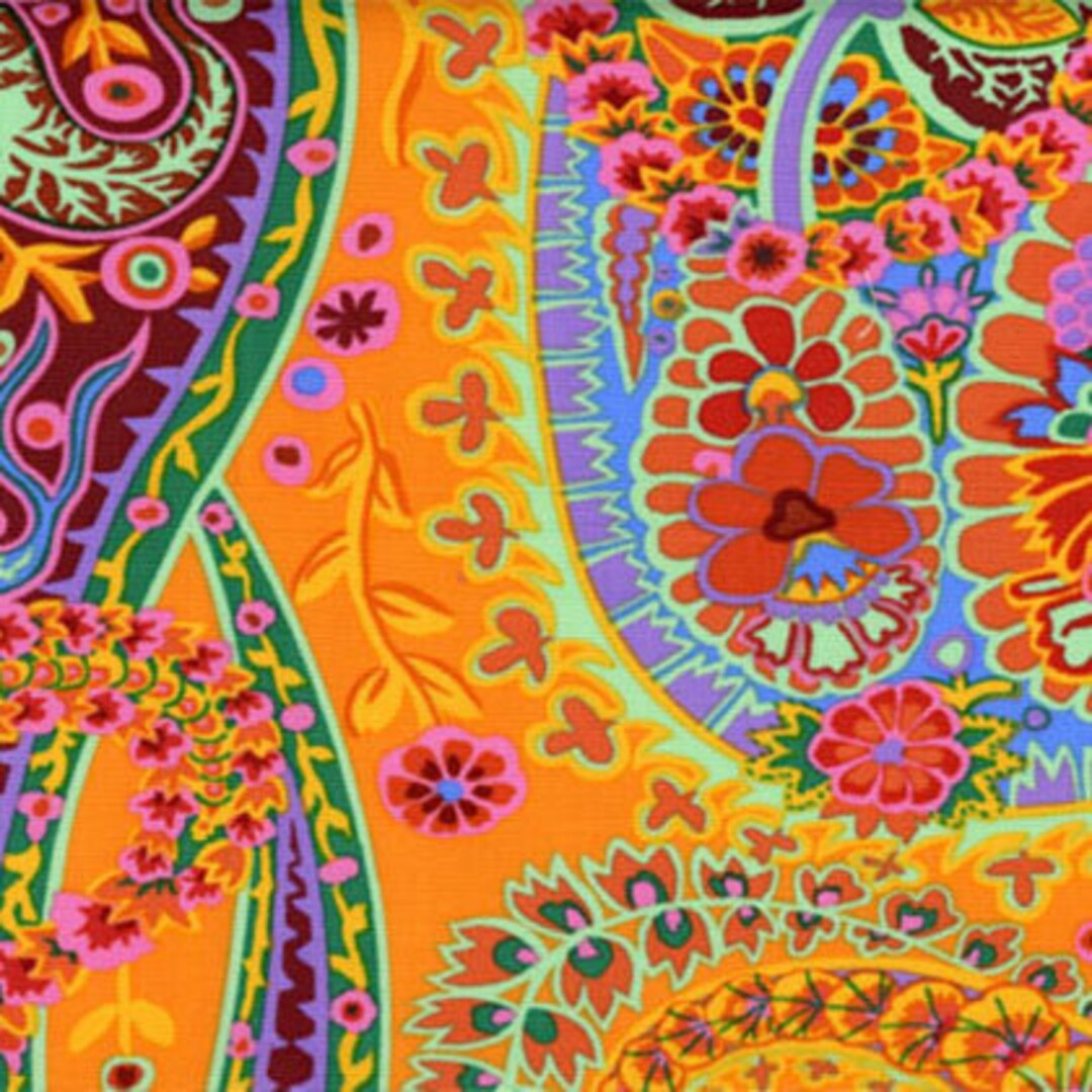 vintageラグ カーペット  F. Goldston ジャズ454 Kaffe Fassett Fabric Stash Paisley Jungle GP60 Tangerine