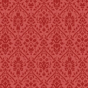 May include: A seamless pattern with a damask design in a deep red color. The pattern features intricate floral and geometric motifs.