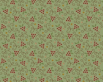 May include: A seamless pattern featuring a repeating design of red flowers, green leaves, and brown curly vines on a light green background.