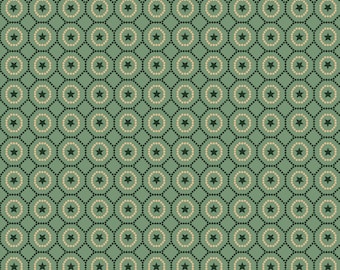 May include: A repeating pattern of green and beige circles and stars. The circles are made up of smaller beige dots. The stars are black.