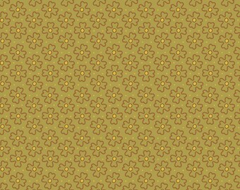 May include: A seamless pattern of brown four-leaf clover shapes on a green background. The clover shapes have a yellow center and are arranged in a diagonal pattern.