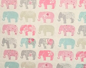 Elephant Print Cotton Fabric: Clarke and Clarke Studio G - Pastel & Natural