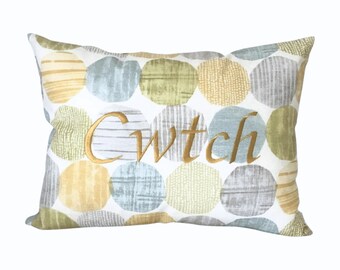 Cwtch Embroidered Cushion Pillow Cover, Hallway decor, Guest bedroom, Holiday home decor, blue and yellow cushion