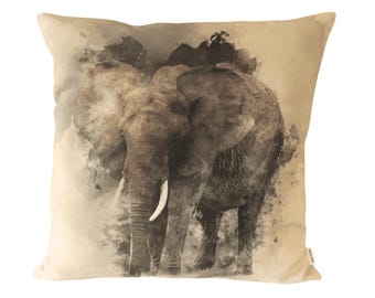 Elephant Print Cushion Cover in Beige & Brown | Elephant Pillow | Rustic Safari Decor | Elephant Lover Gift | Safari Elephant Cushion