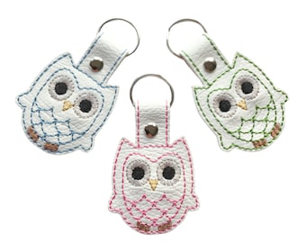 Embroidered Owl Key Fob,Faux Leather Bird Keyring, owl lovers, ornitholigy gift ideas