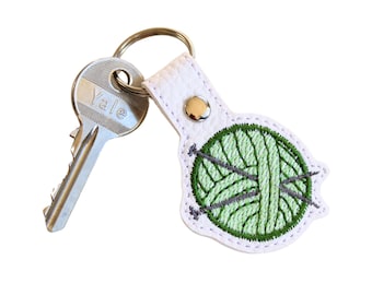 Knitting Keyfob: Embroidered Yarn Ball Faux Leather Keyring, gift ideas for knitters