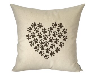 Pawprint Heart Cushion Cover, Dog Cat Lover Gift, paw print themed gifting ideas