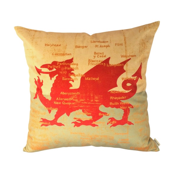 Welsh Dragon Map Cushion Cover, Antique effect, Antique look, Welsh map, Welsh flag, Welsh cities, Welsh towns, Welsh place names