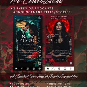 May include: A digital graphic design featuring two podcast episode covers with the text "New Episode" and "Coming Soon." The design includes a list of intended users: Booktubers, Booktok creators, Romance podcasters, Indie authors, and Cozy aesthetic accounts.