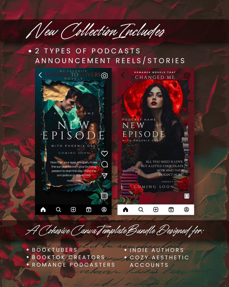 May include: A digital graphic design featuring two podcast episode covers with the text "New Episode" and "Coming Soon." The design includes a list of intended users: Booktubers, Booktok creators, Romance podcasters, Indie authors, and Cozy aesthetic accounts.
