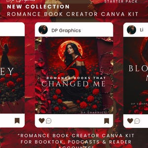 May include: Crimson red graphic design for a romance book creator Canva kit. The design includes the text "Romance Books That Changed Me" and "New Collection". The design is for Booktok, podcasts, and reader accounts.