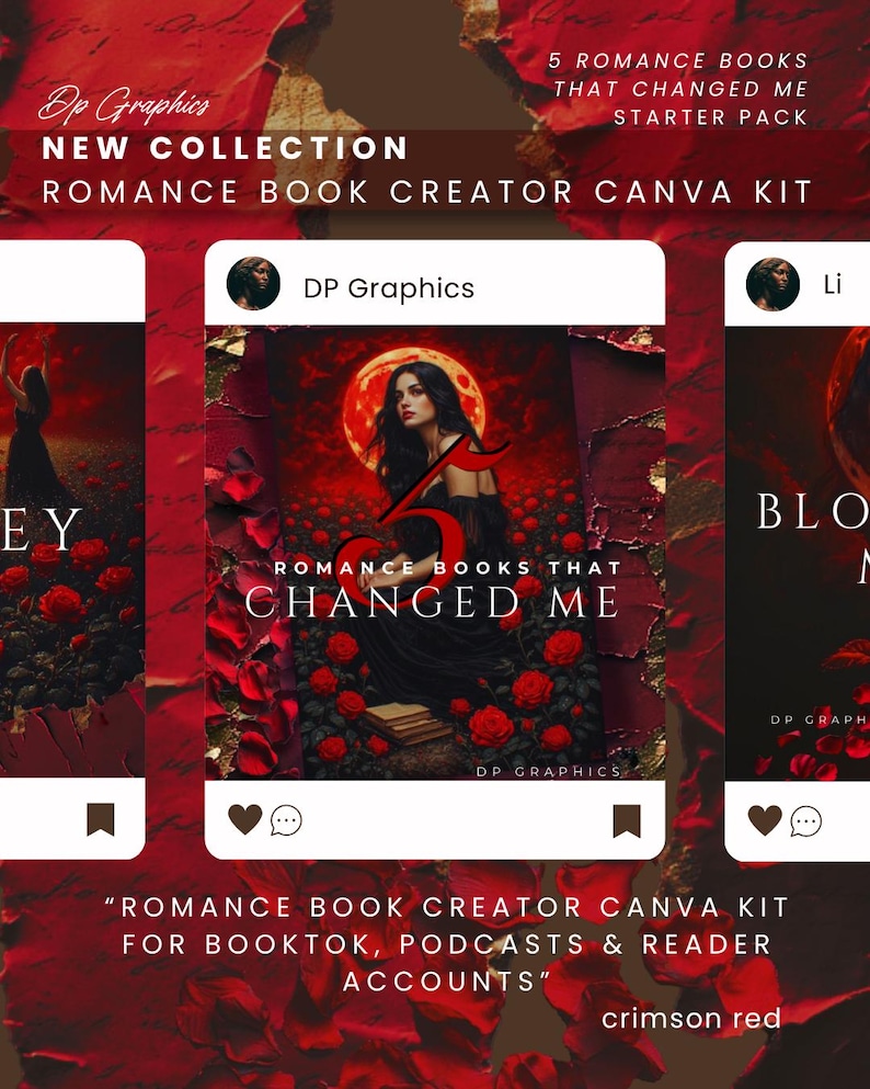 May include: Crimson red graphic design for a romance book creator Canva kit. The design includes the text "Romance Books That Changed Me" and "New Collection". The design is for Booktok, podcasts, and reader accounts.