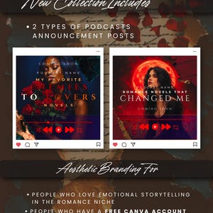May include: An aesthetic branding design featuring two podcast announcement posts. The first post is titled "My Favorite Enemies to Lovers Novels" and the second is "Romance Novels That Changed Me." The design includes the text "New Collection Includes" and "Aesthetic Branding For."
