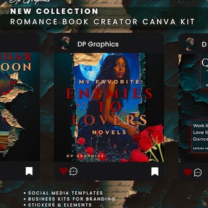 May include: A teal blue graphic promoting a "Romance Book Creator Canva Kit" with the text "Enemies to Lovers Starter Pack." The image features a book cover design with a woman and the words "My Favorite Enemies to Lovers Novels."