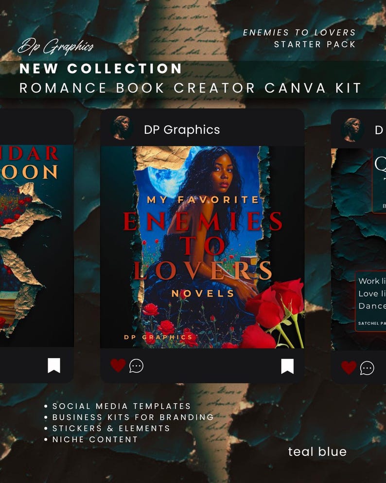 May include: A teal blue graphic promoting a "Romance Book Creator Canva Kit" with the text "Enemies to Lovers Starter Pack." The image features a book cover design with a woman and the words "My Favorite Enemies to Lovers Novels."