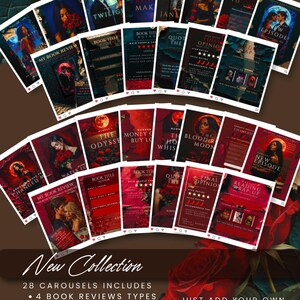 May include: A collection of book cover designs with a dark red and black color scheme. The covers feature images of couples, women, and text. The words "New Collection" and "Just add your own book covers" are also visible.