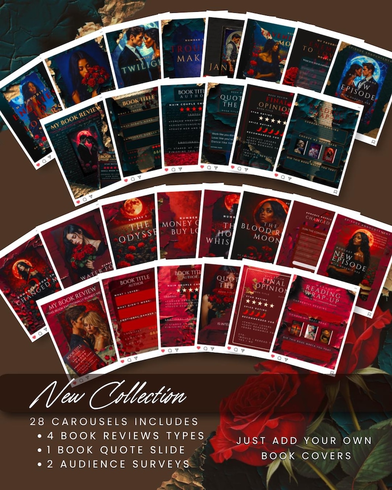 May include: A collection of book cover designs with a dark red and black color scheme. The covers feature images of couples, women, and text. The words "New Collection" and "Just add your own book covers" are also visible.
