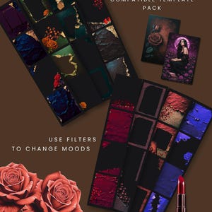 May include: An artistic composition featuring a template pack with various designs, including roses and a woman in a field. The image also showcases two large red roses, a tube of lipstick, and the text "USE FILTERS TO CHANGE MOODS".