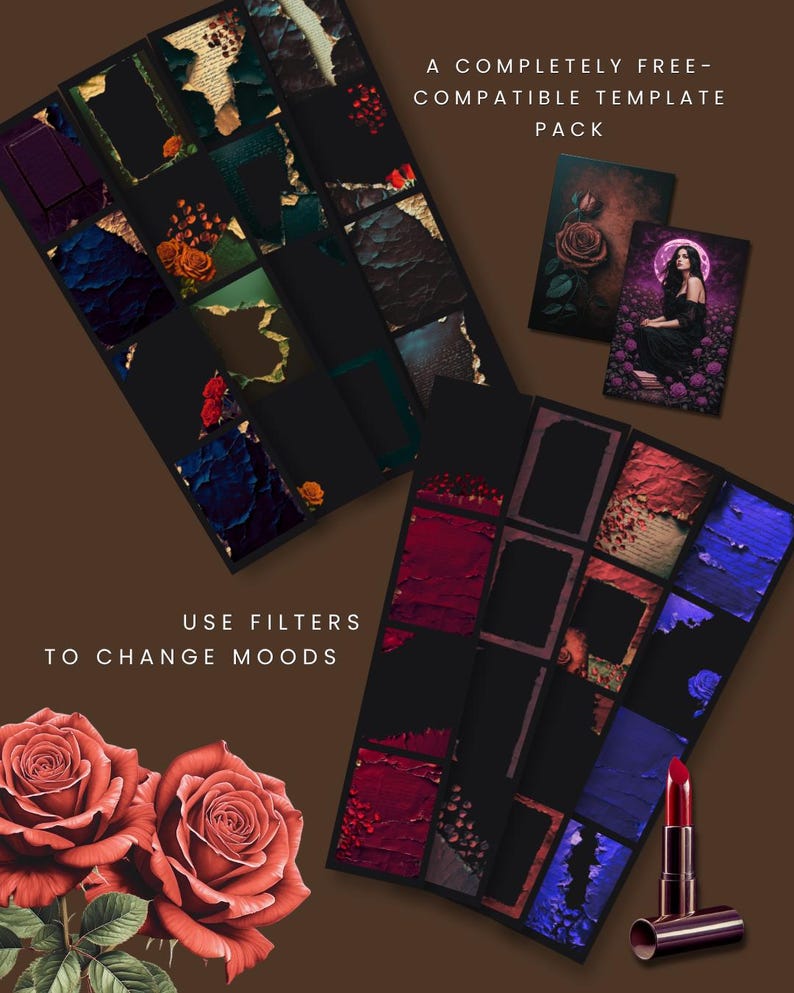 May include: An artistic composition featuring a template pack with various designs, including roses and a woman in a field. The image also showcases two large red roses, a tube of lipstick, and the text "USE FILTERS TO CHANGE MOODS".