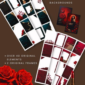 May include: Digital art elements featuring frames, backgrounds, and roses. The image includes over 40 original elements and 2 original frames. The color palette includes shades of red, white, and dark teal. The text reads "USE AS FRAMES AND BACKGROUNDS" and "OVER 40 ORIGINAL ELEMENTS - 2 ORIGINAL FRAMES."