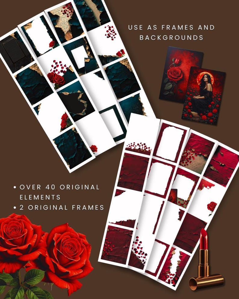 May include: Digital art elements featuring frames, backgrounds, and roses. The image includes over 40 original elements and 2 original frames. The color palette includes shades of red, white, and dark teal. The text reads "USE AS FRAMES AND BACKGROUNDS" and "OVER 40 ORIGINAL ELEMENTS - 2 ORIGINAL FRAMES."