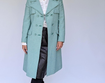 1960s Long Green Dogtooth Coat, 60s Double Breasted Smart Coat by Harella