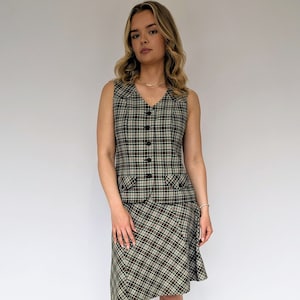 1970s Vintage Plaid Two Piece Waistcoat Skirt Suit, 70s Co-Ord Set