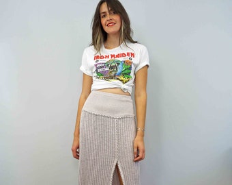 Vintage Bill Gibb Metallic Knitted Skirt, Pleated Midi Pencil Skirt