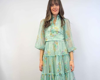 70s Tiered Ruffle Floral Tulle Skirt, Green Boho Romantic Vintage Midi Skirt