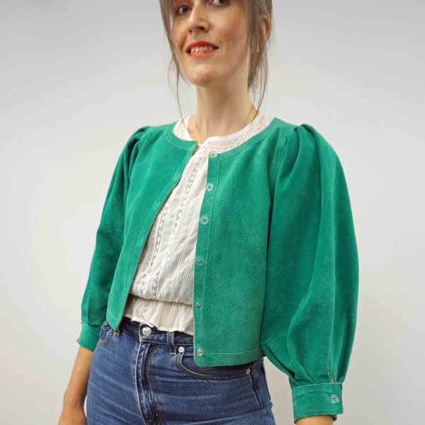 70s Jean Muir Green Suede Jacket, Cropped Vintage Puff Sleeve Leather Jacket