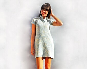 Winter Wool Dress, Vintage 60s Sweater Dress, Blue Wool Dress, Wool Shift Dress, Floral Wool Dress, Winter Floral Dress, Eco Friendly Gift,