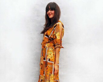 Boho Tribal Dress, Vintage 1970s Dress, Orange Dress, Floral Dress, Summer Dress, Hippie Dress, Bardot Dress, Festival Dress, Bohemian Dress
