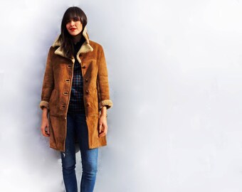 Leather Shearling Coat, Vintage 70s Leather Sheepskin Coat, Warm Leather Winter Coat, Leather Coat, Duster Coat Leather, Boho Shearling Coat