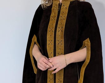 1960s Suede Brown and Tan Cape, 60s Vintage Suede Cut Out Boho Poncho