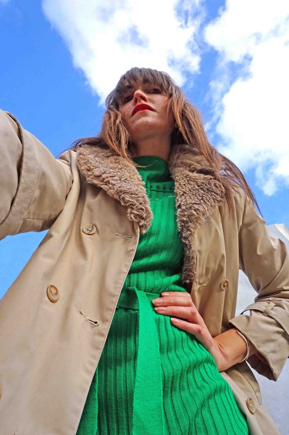 Vintage Faux Fur Collar Trench Coat Long Spring Hong Kong Vintage Faux Fur Collar Trench Coat, Womens Faux Fur Collar Trench Coat