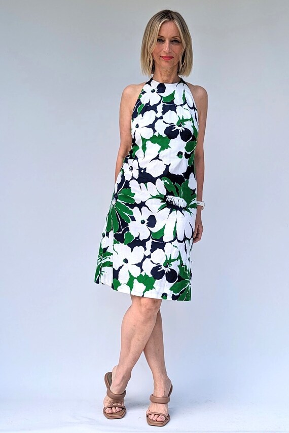 1970s Vintage Summer Halter Neck Dress / 70s Short Green, Blue and White Floral Short Dress - Wedding Guest