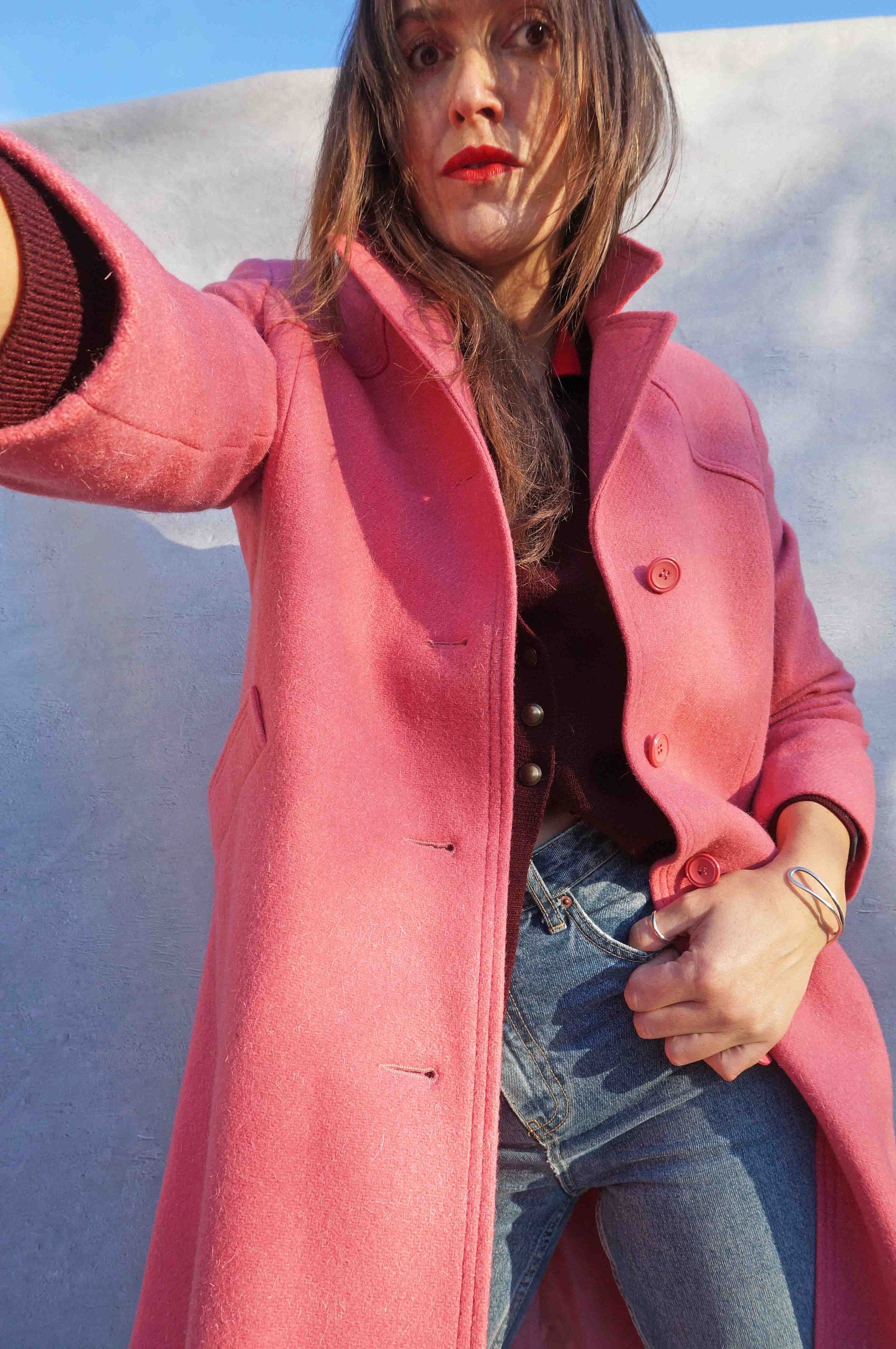 Image of Vintage Long Pink Warm Wool Coat, S Overcoat