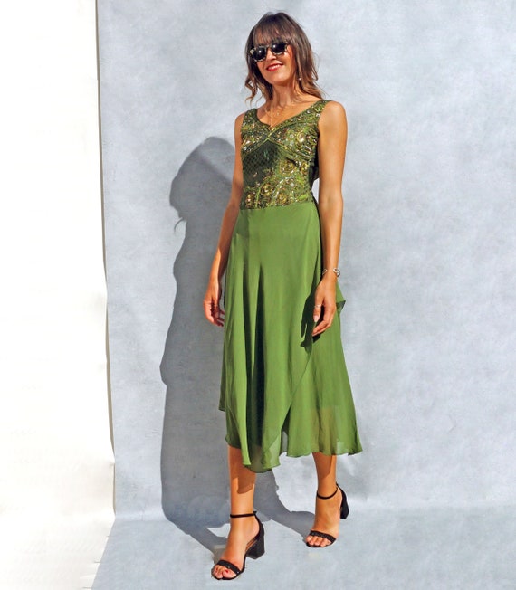 Floor Length Olive Green Beaded Evening Dress